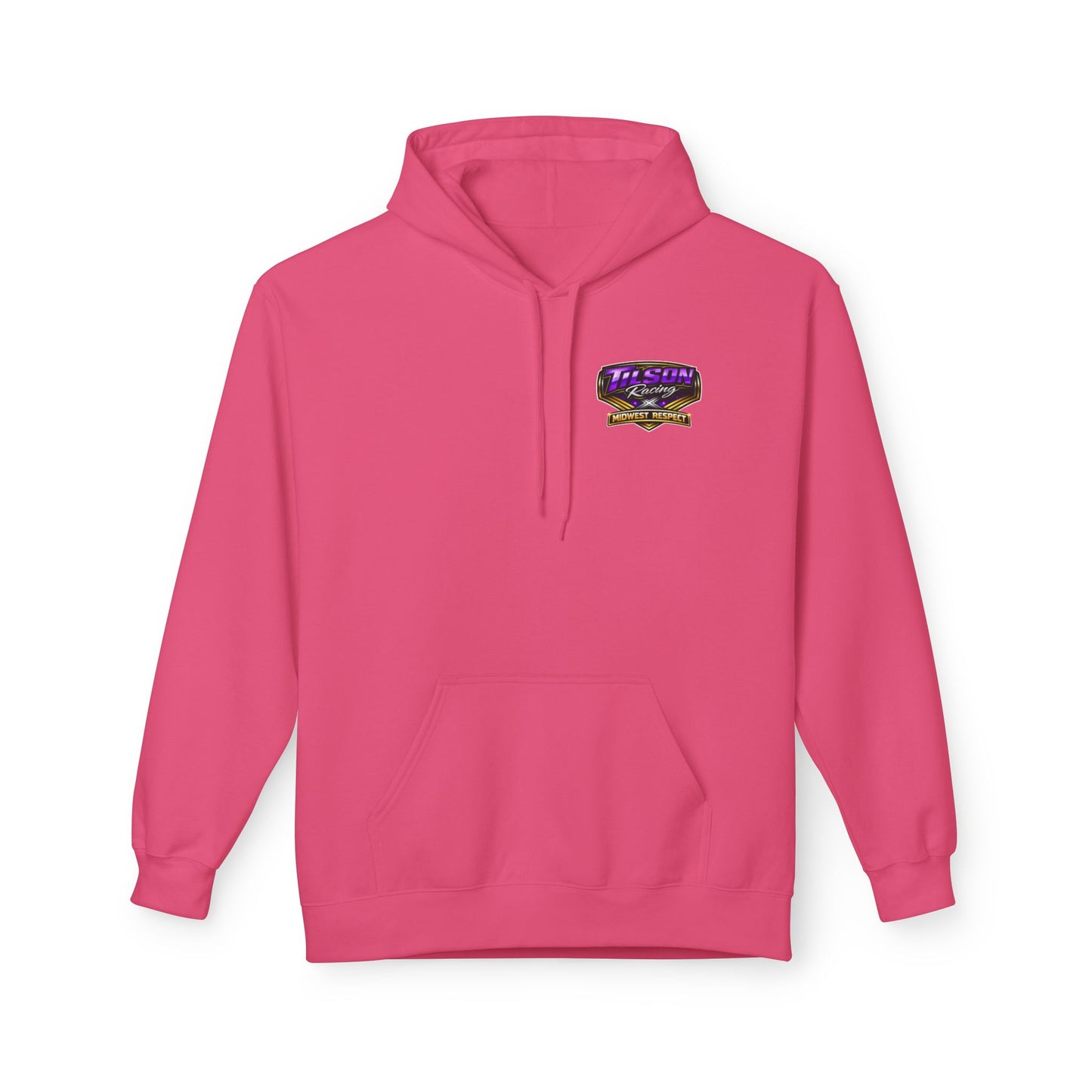 Pink hoodie with a logo on the chest against a white background