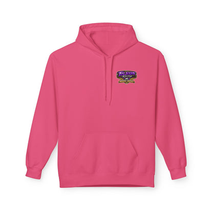 Pink hoodie with a logo on the chest against a white background