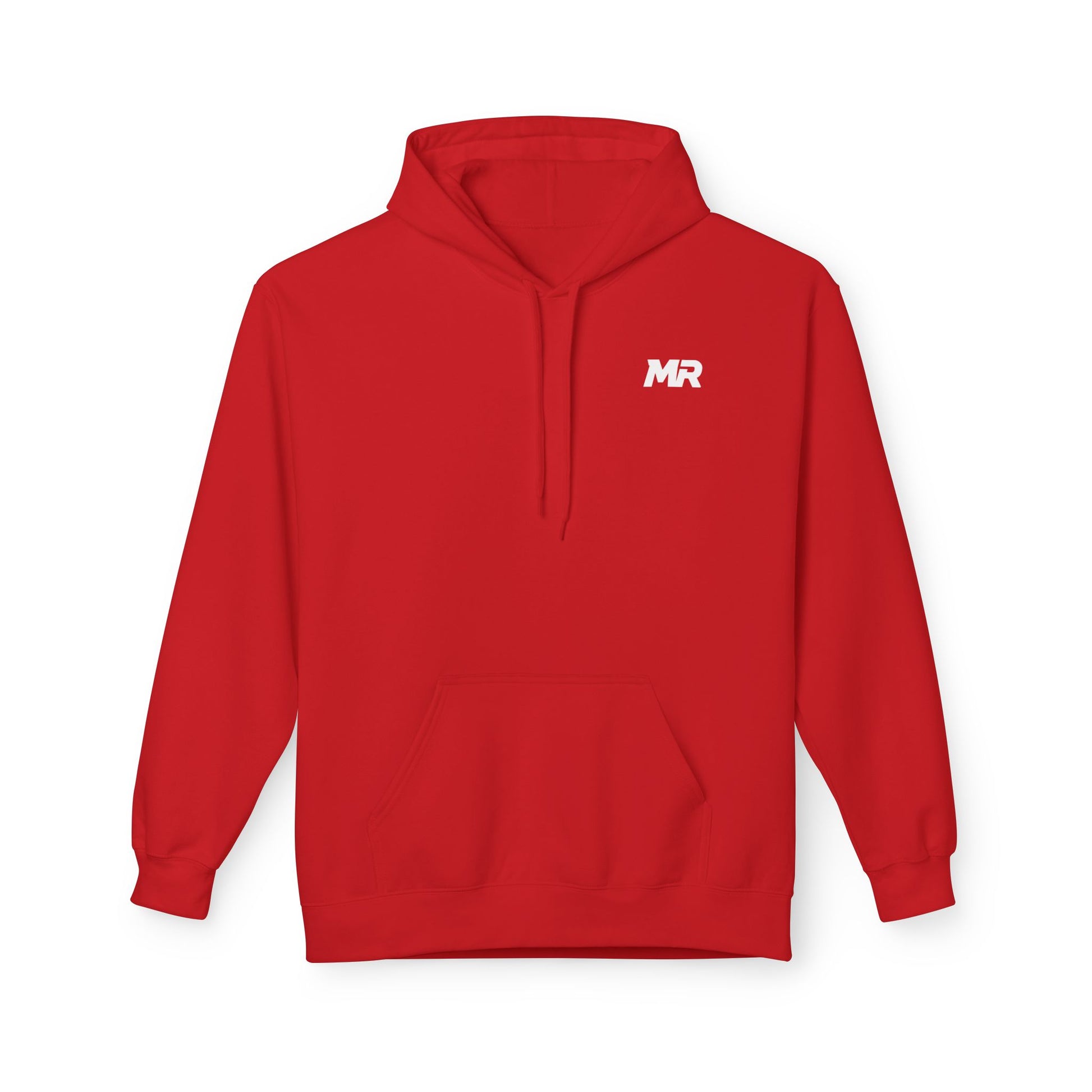 Red hoodie with 'MR' logo on a white background