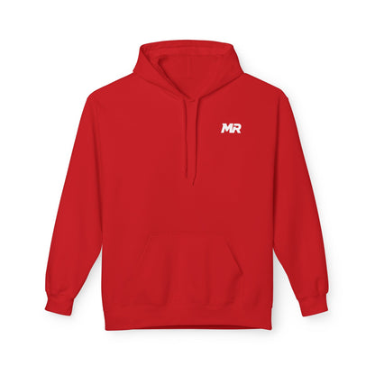 Red hoodie with 'MR' logo on a white background