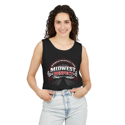 Woman wearing a black sleeveless shirt with 'Midwest Respect' design on a white background