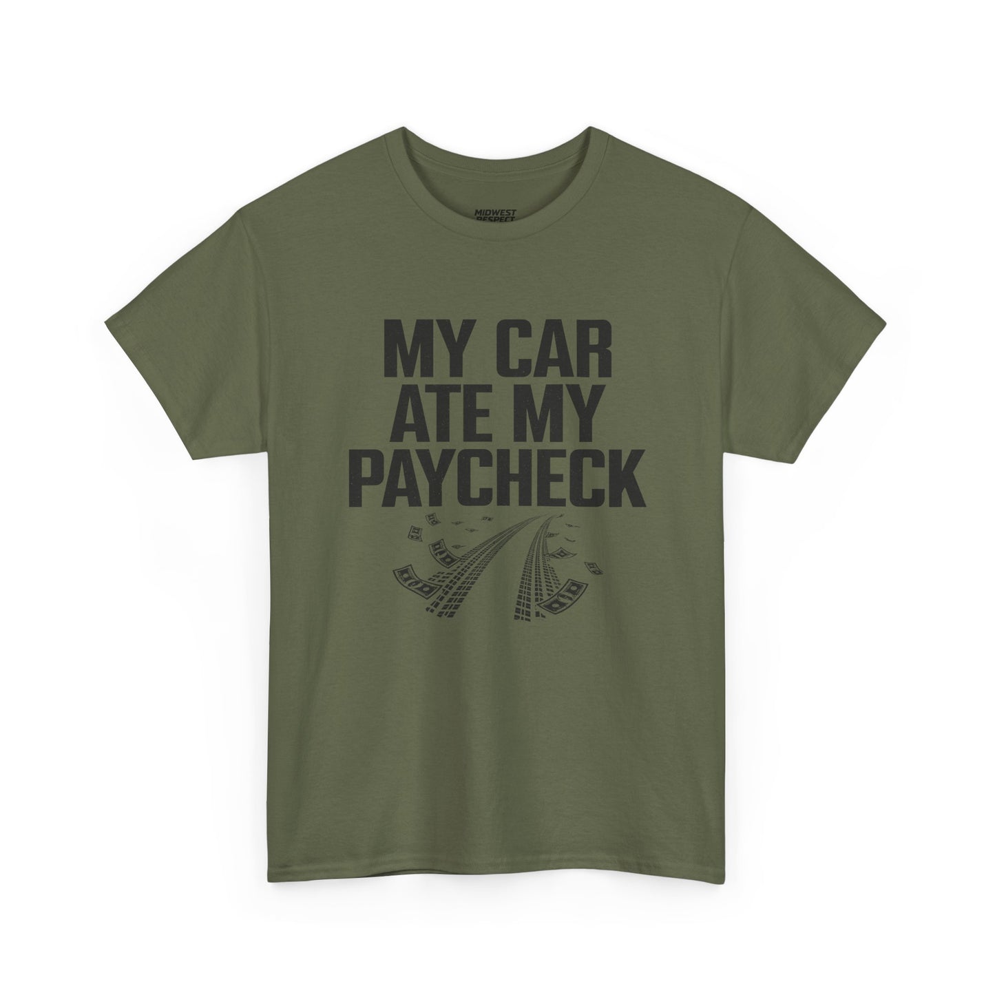 Green t-shirt with text on a white background