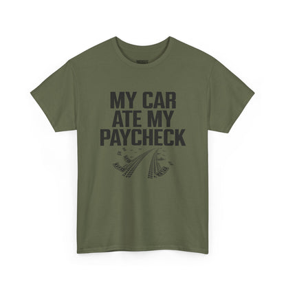 Green t-shirt with text on a white background