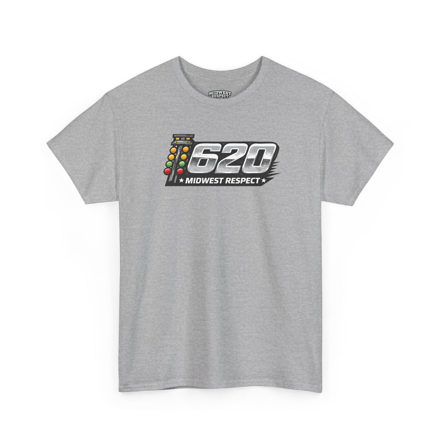 Gray t-shirt with a graphic design on a white background
