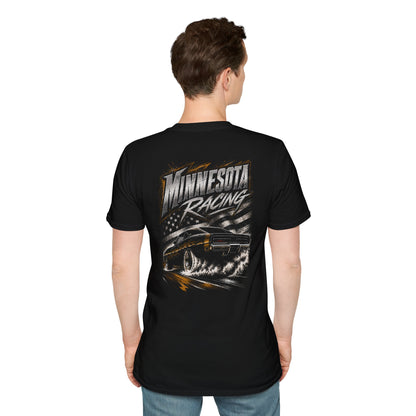 A man viewed from the back wearing a black short-sleeve t-shirt with a large 'Minnesota Racing' graphic on the back, paired with blue jeans, against a plain white background.