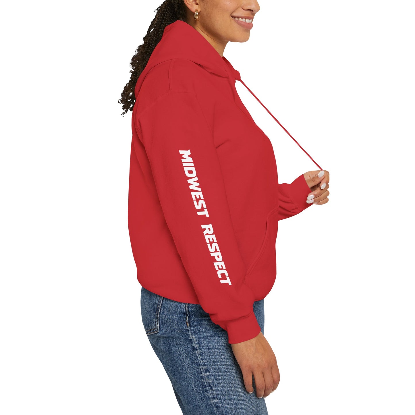 Person wearing a red hoodie with white text on a white background