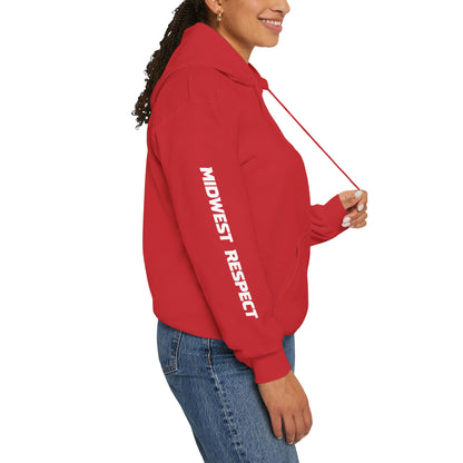 Person wearing a red hoodie with white text on a white background