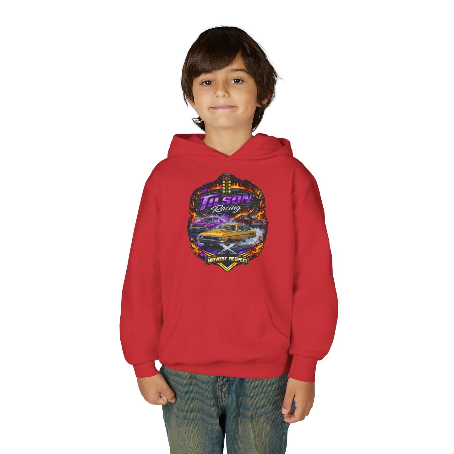 Child wearing a red hoodie with a colorful graphic design on a white background