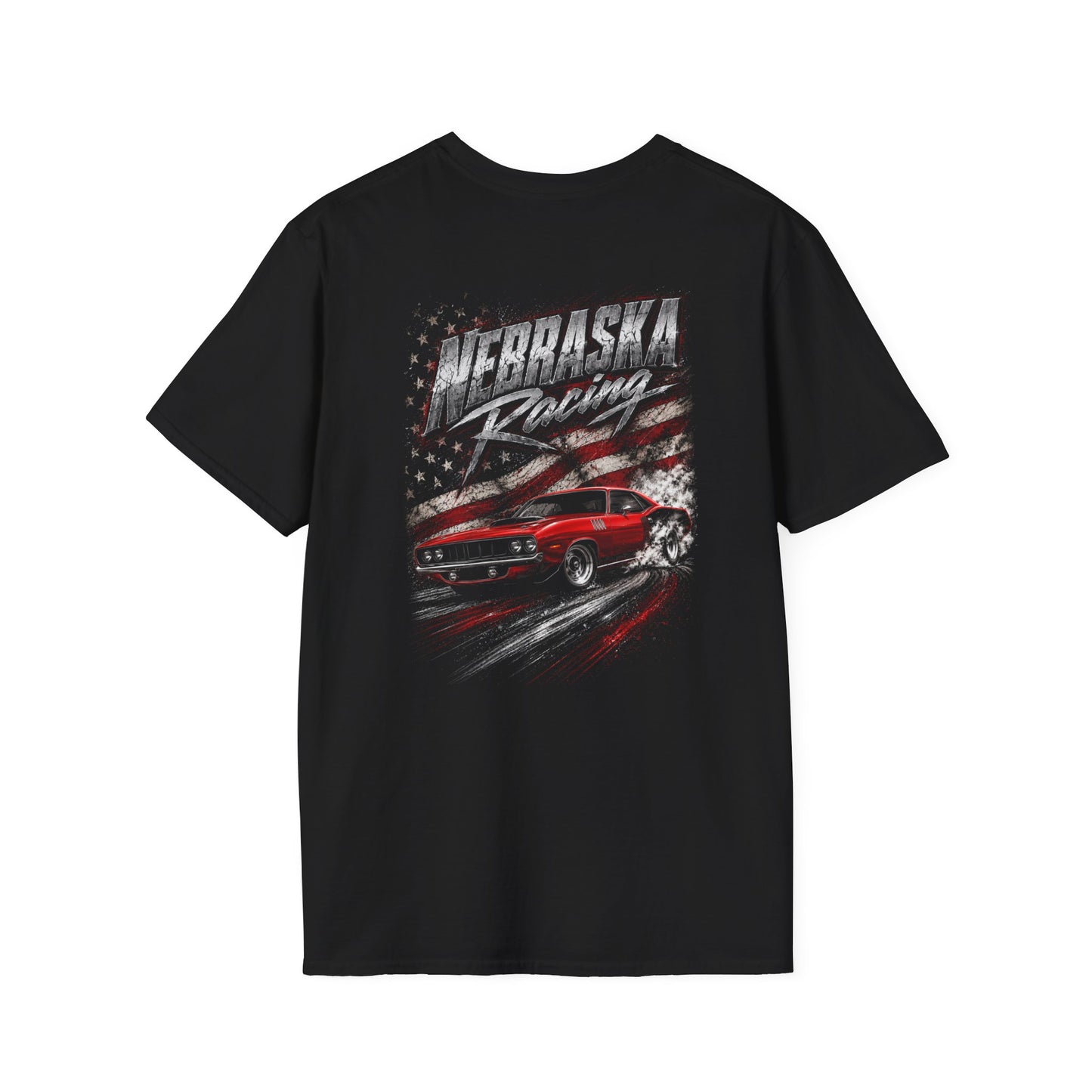 A black short-sleeve t-shirt with a graphic print on the back featuring a red muscle car, a distressed American flag, and the text 'Nebraska Racing'.