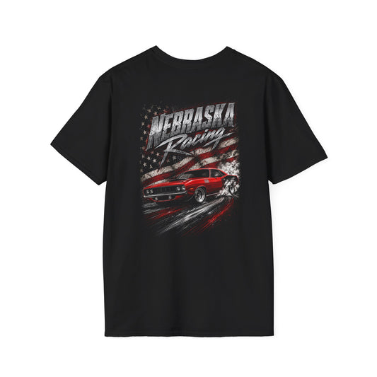 A black short-sleeve t-shirt with a graphic print on the back featuring a red muscle car, a distressed American flag, and the text 'Nebraska Racing'.