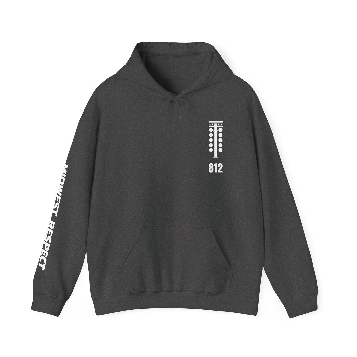 Dark gray hoodie with a logo and text on a white background