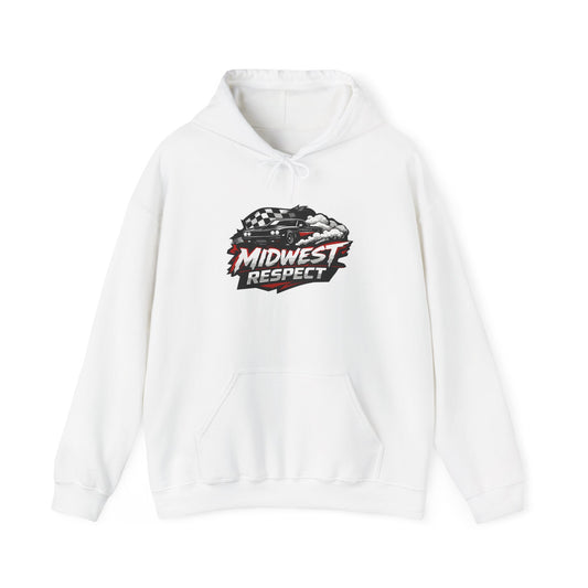 White hoodie with 'Midwest Respect' muscle car logo on a white background