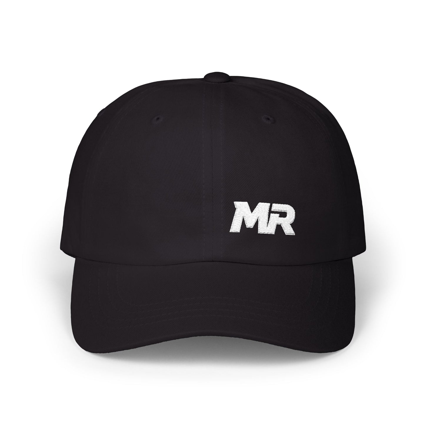 Black cap with 'MR' logo on a white background