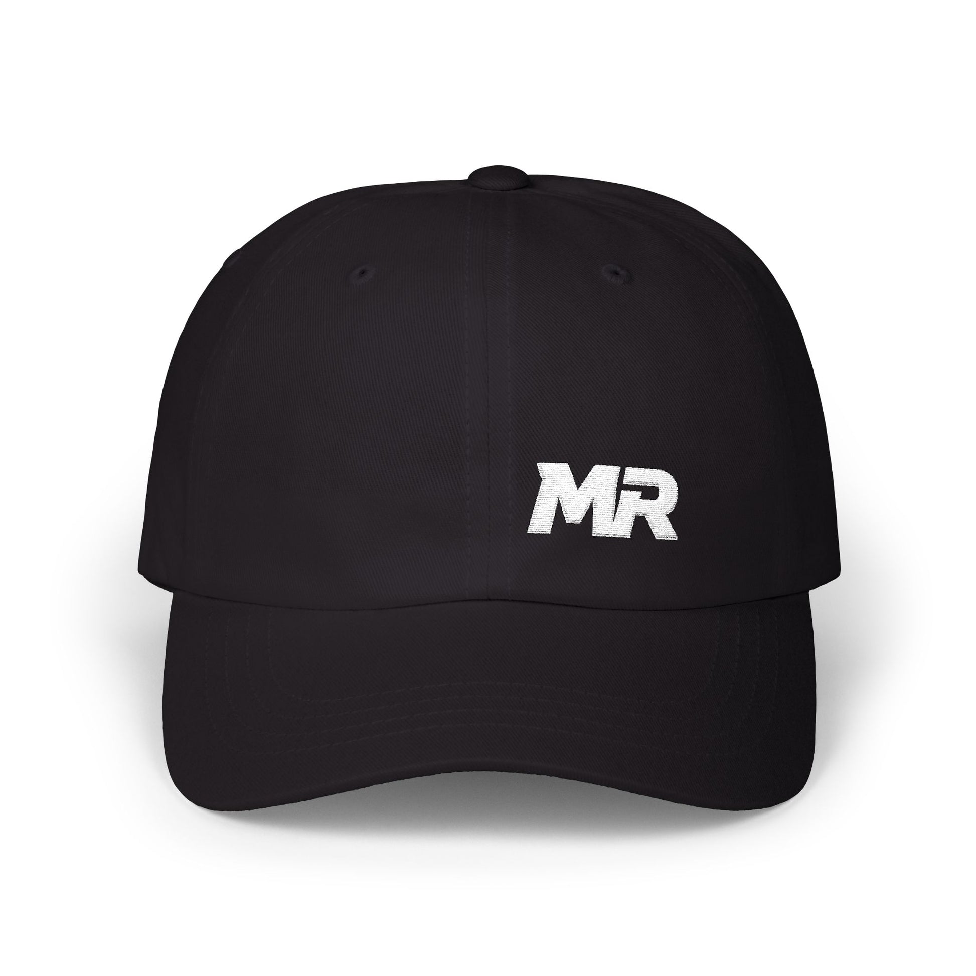 Black cap with 'MR' logo on a white background