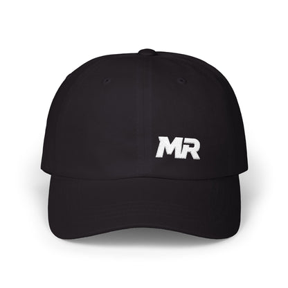 Black cap with 'MR' logo on a white background