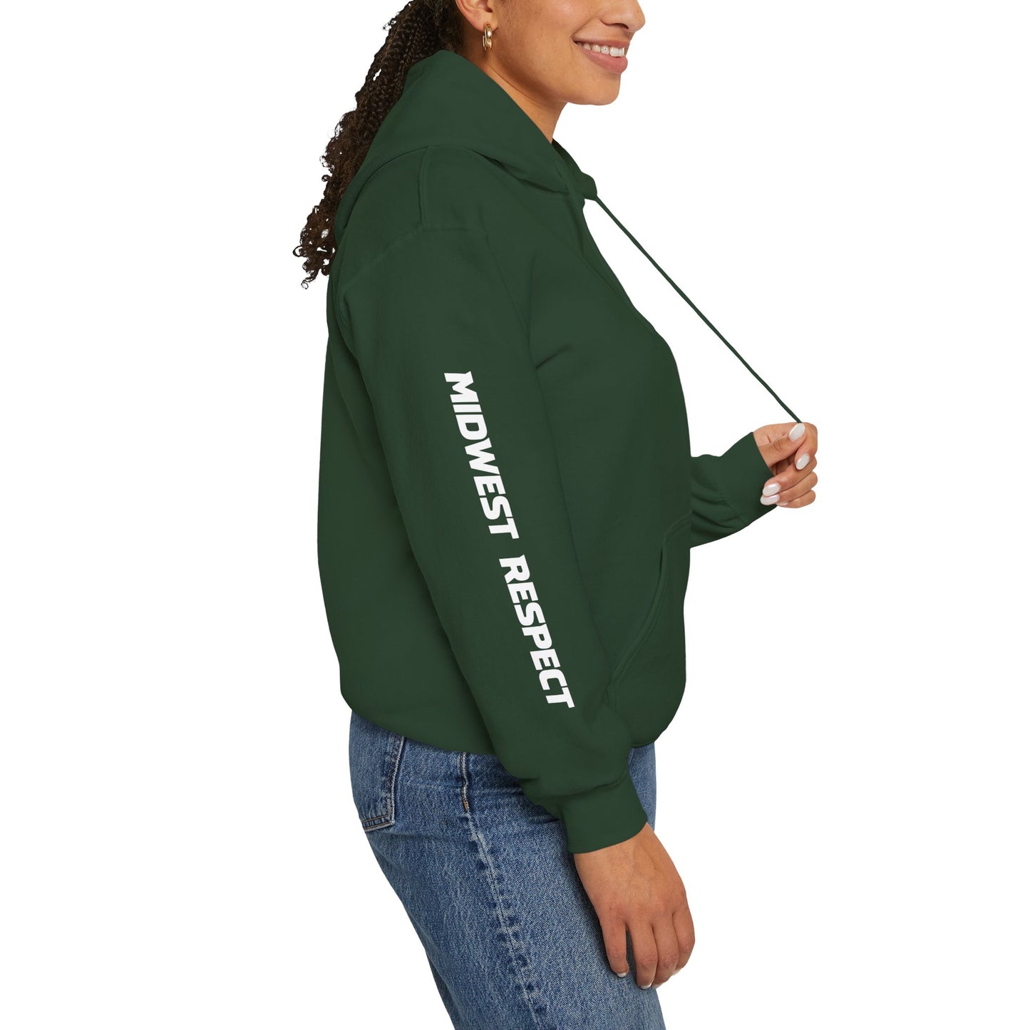 Person wearing a green hoodie with 'Midwest Respect' text on a white background