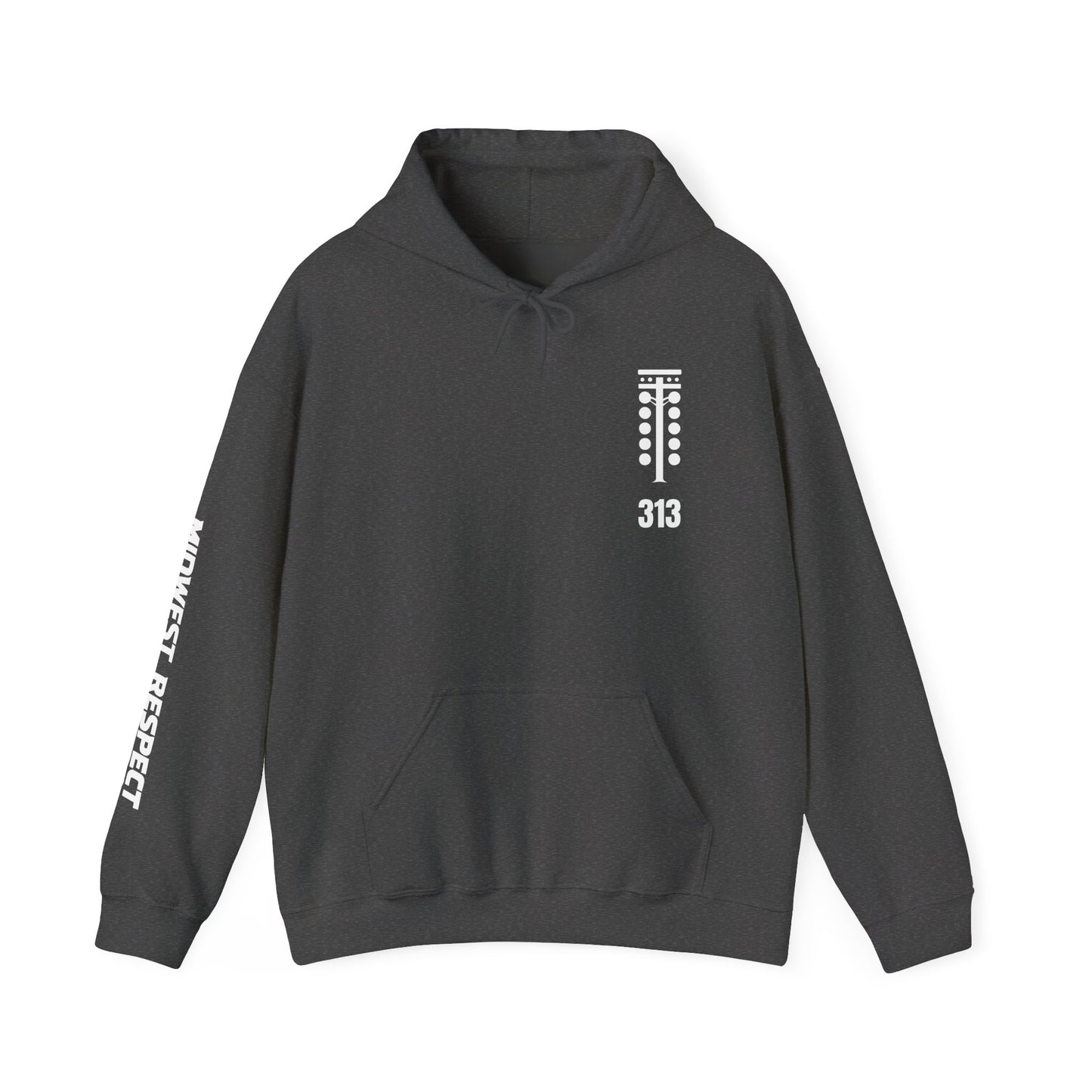 Dark gray hoodie with white text and design on a white background