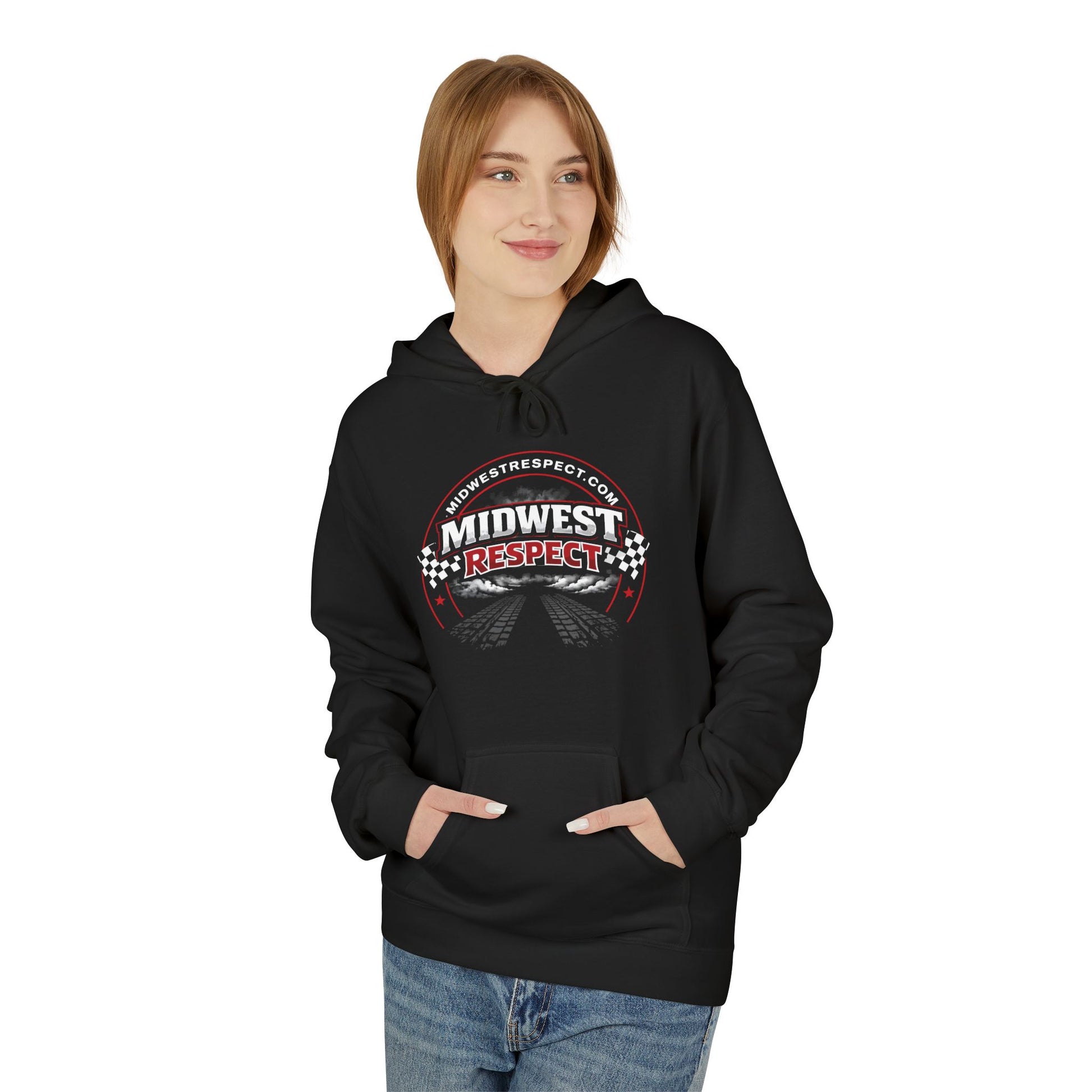 Woman wearing a black hoodie with 'Midwest Respect' logo on a white background