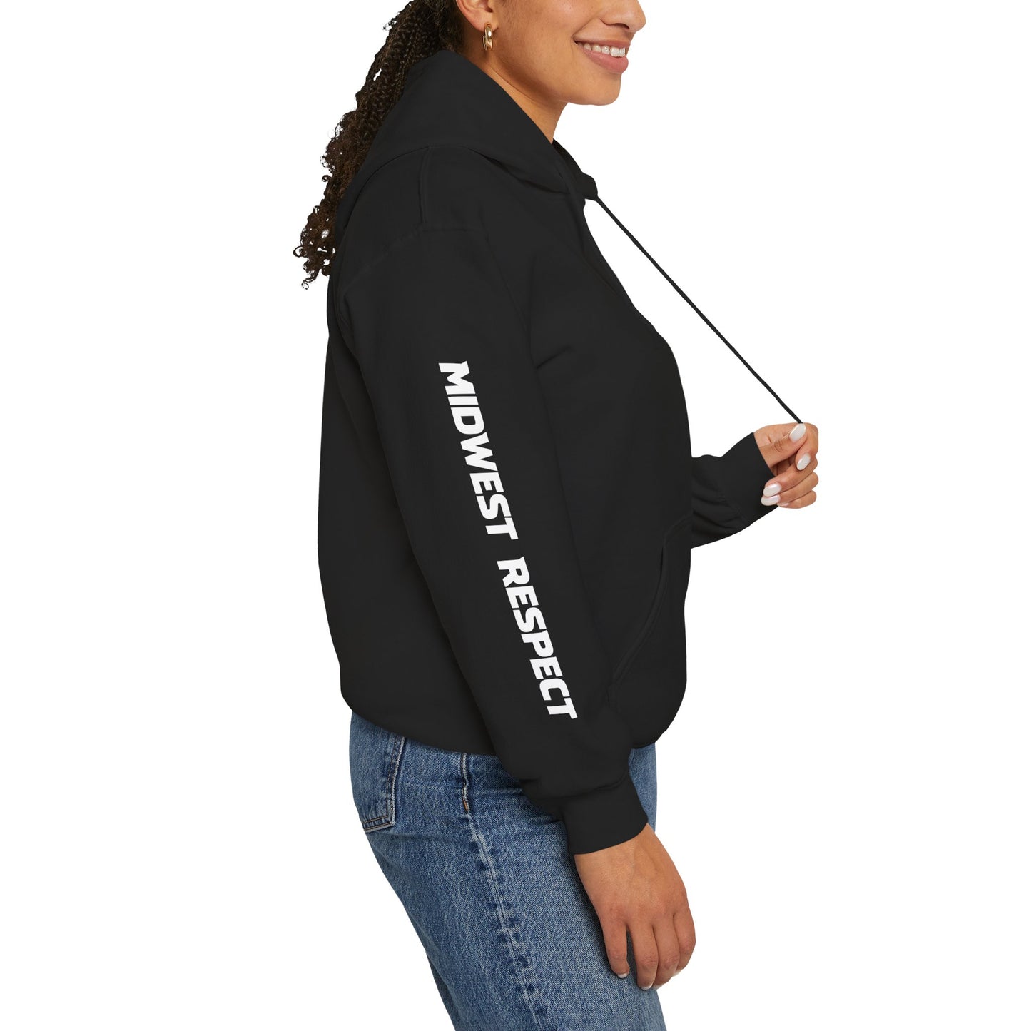 Person wearing a black hoodie with 'Midwest Respect' text on a white background