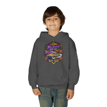 Child wearing a dark gray hoodie with a colorful graphic design on a white background