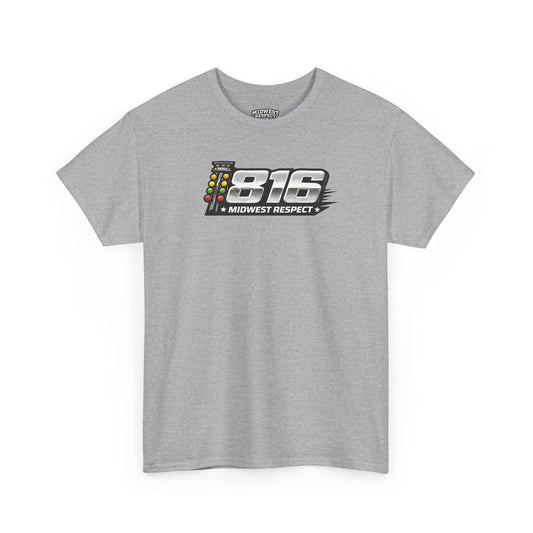 Gray t-shirt with a logo and text on a white background