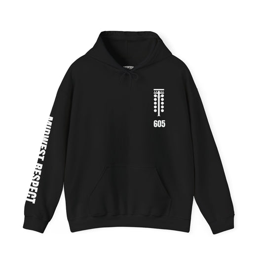 Black hoodie with white text and design on a white background