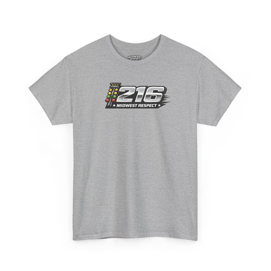 Gray t-shirt with '216 Midwest Respect' graphic on a white background