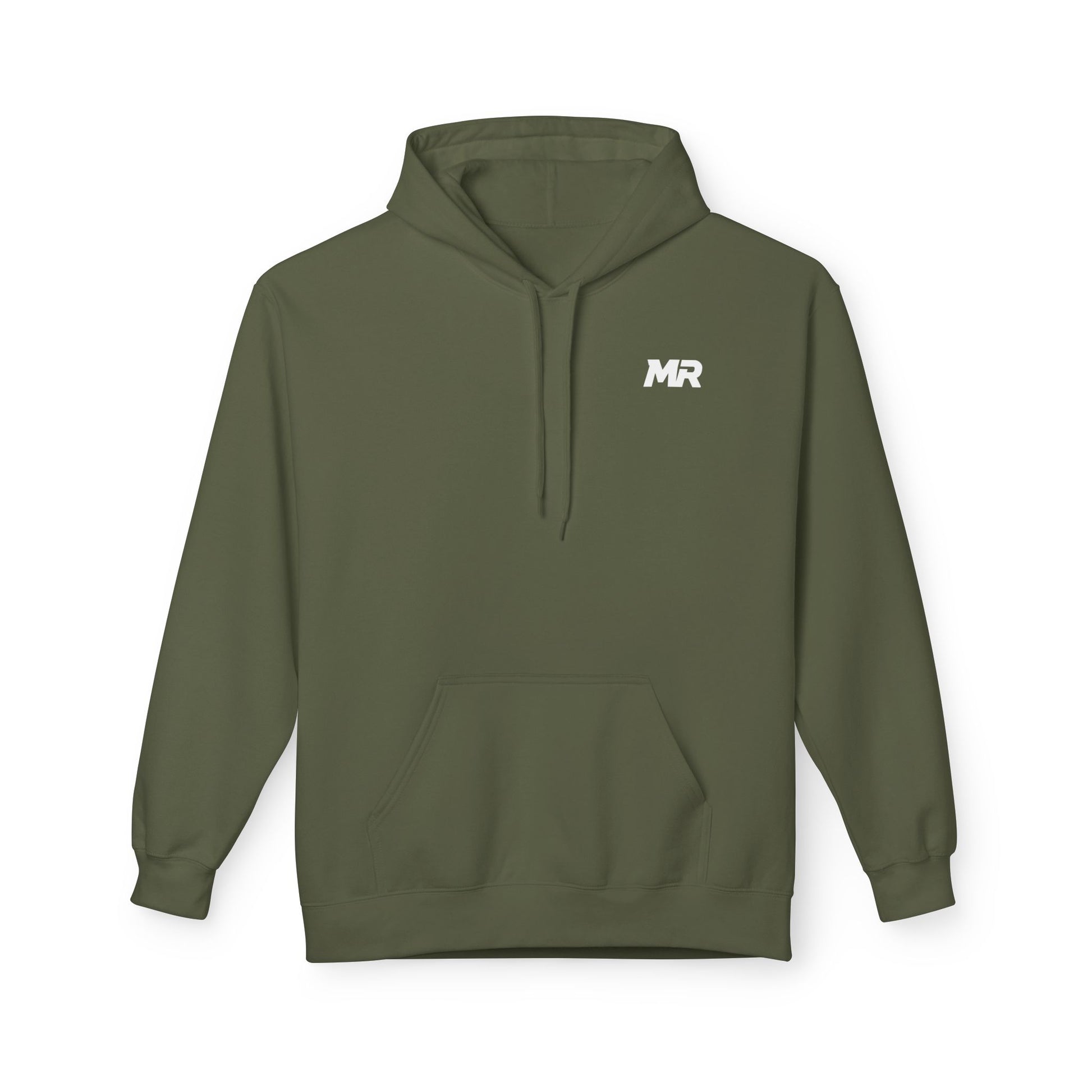 Green hoodie with a logo on the chest against a white background