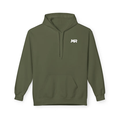 Green hoodie with a logo on the chest against a white background