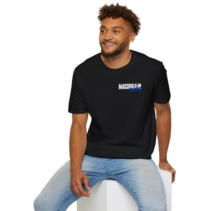 Man seated wearing a black logo shirt.