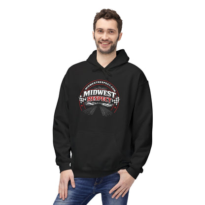 Man wearing a black hoodie with 'Midwest Respect' logo on a white background