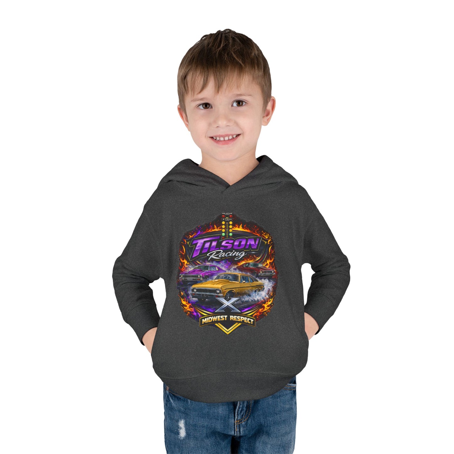 Child wearing a dark gray hoodie with a graphic design on a white background