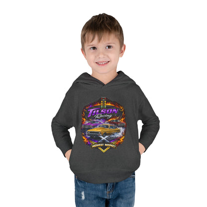 Child wearing a dark gray hoodie with a graphic design on a white background