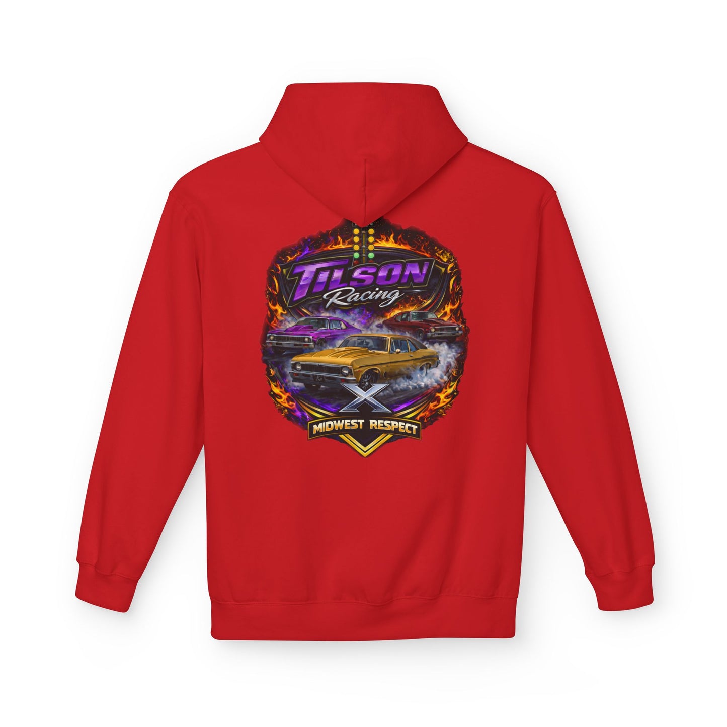 Red hoodie with a colorful graphic on the back featuring the text 'Tilson Racing' and a car design.