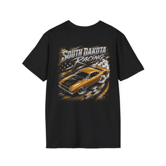 A black short-sleeve t-shirt with a large graphic print on the back featuring a yellow muscle car, the text 'SOUTH DAKOTA RACING', and a checkered flag motif, shown against a plain white background.