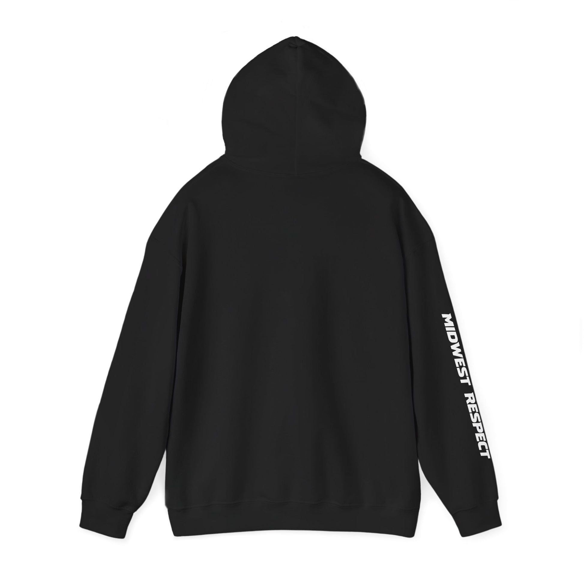 Black hoodie with 'Midwest Respect' text on sleeve against a white background