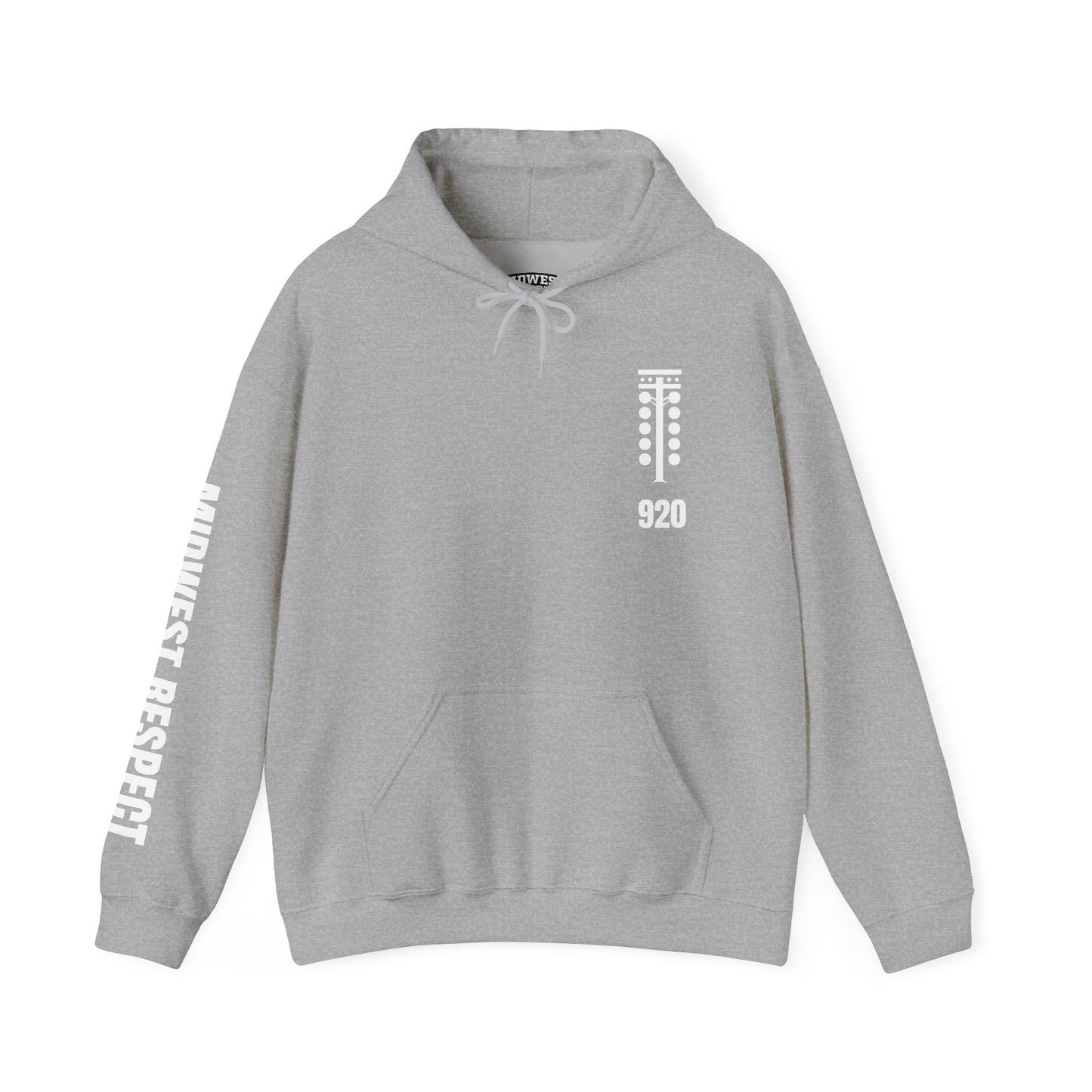 Gray hoodie with white text and graphics on a white background