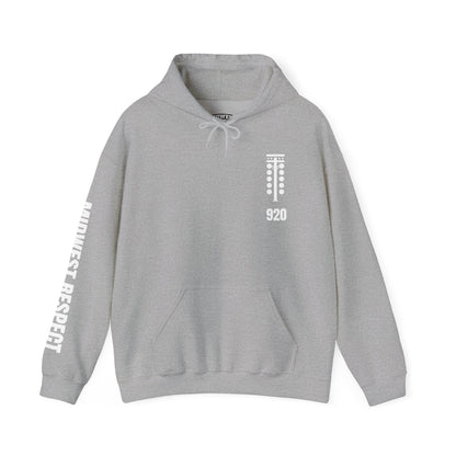 Gray hoodie with white text and graphics on a white background