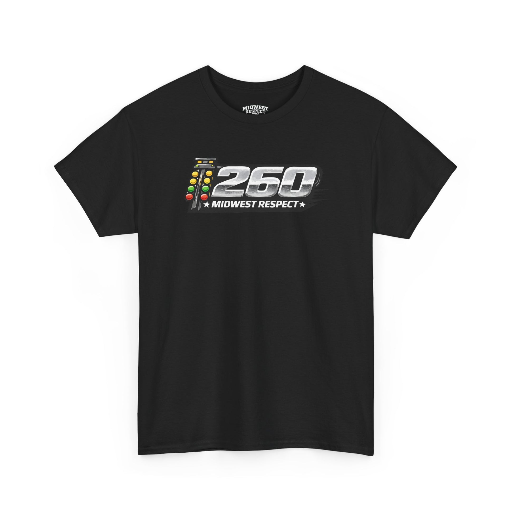 Black t-shirt with a graphic design on a white background