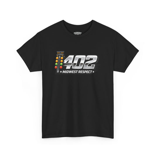 Black t-shirt with a graphic design featuring the number 402 and text on a white background