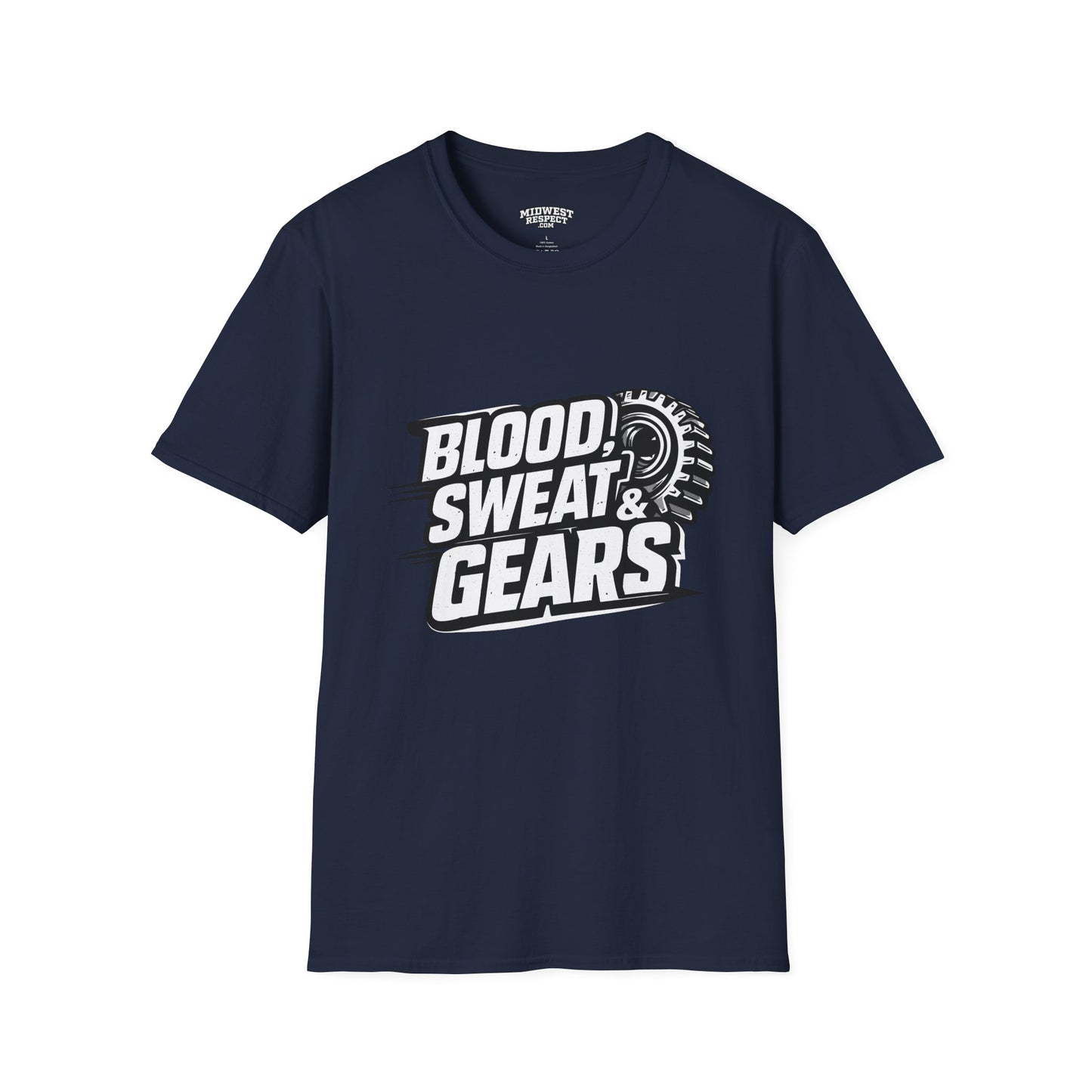 Navy blue t-shirt with 'Blood, Sweat & Gears' text and graphic on a white background