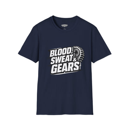 Navy blue t-shirt with 'Blood, Sweat & Gears' text and graphic on a white background