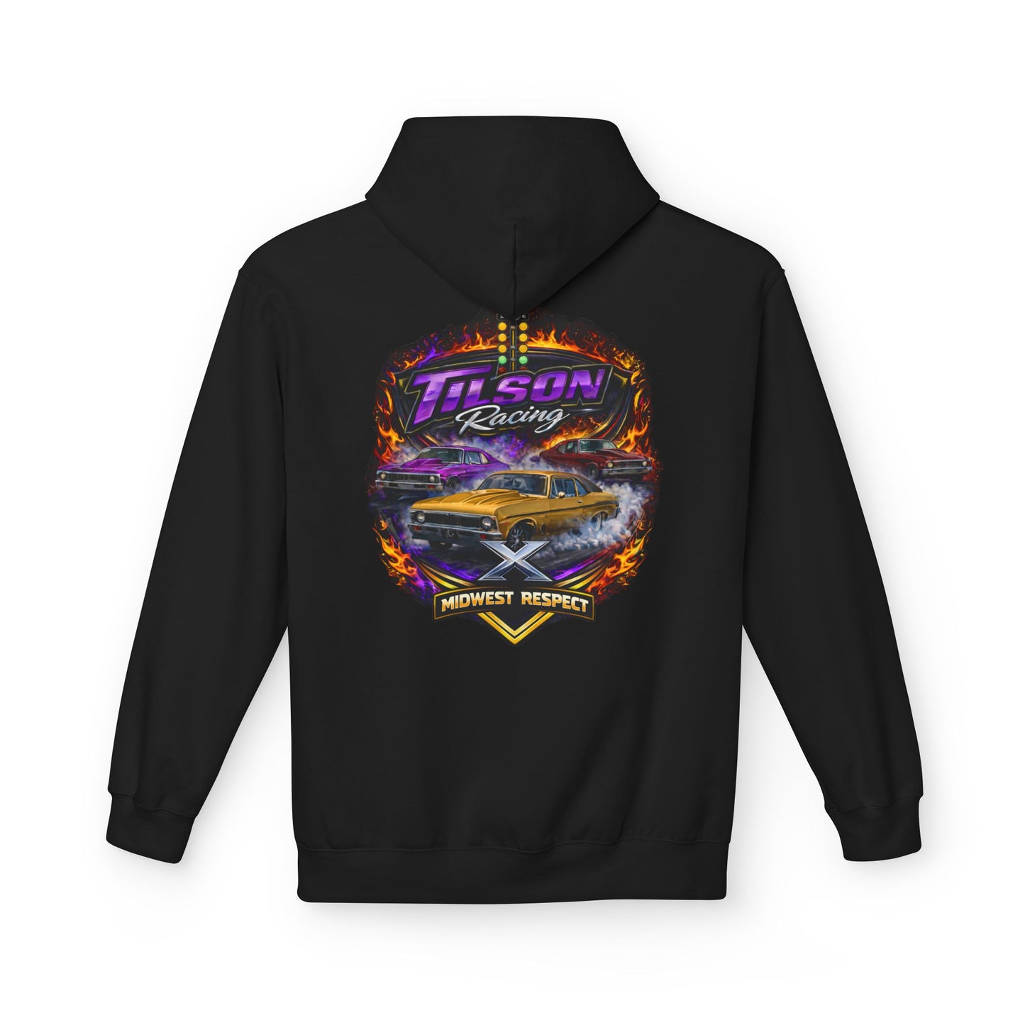 Black hoodie with colorful 'Tilson Racing' graphic on the back
