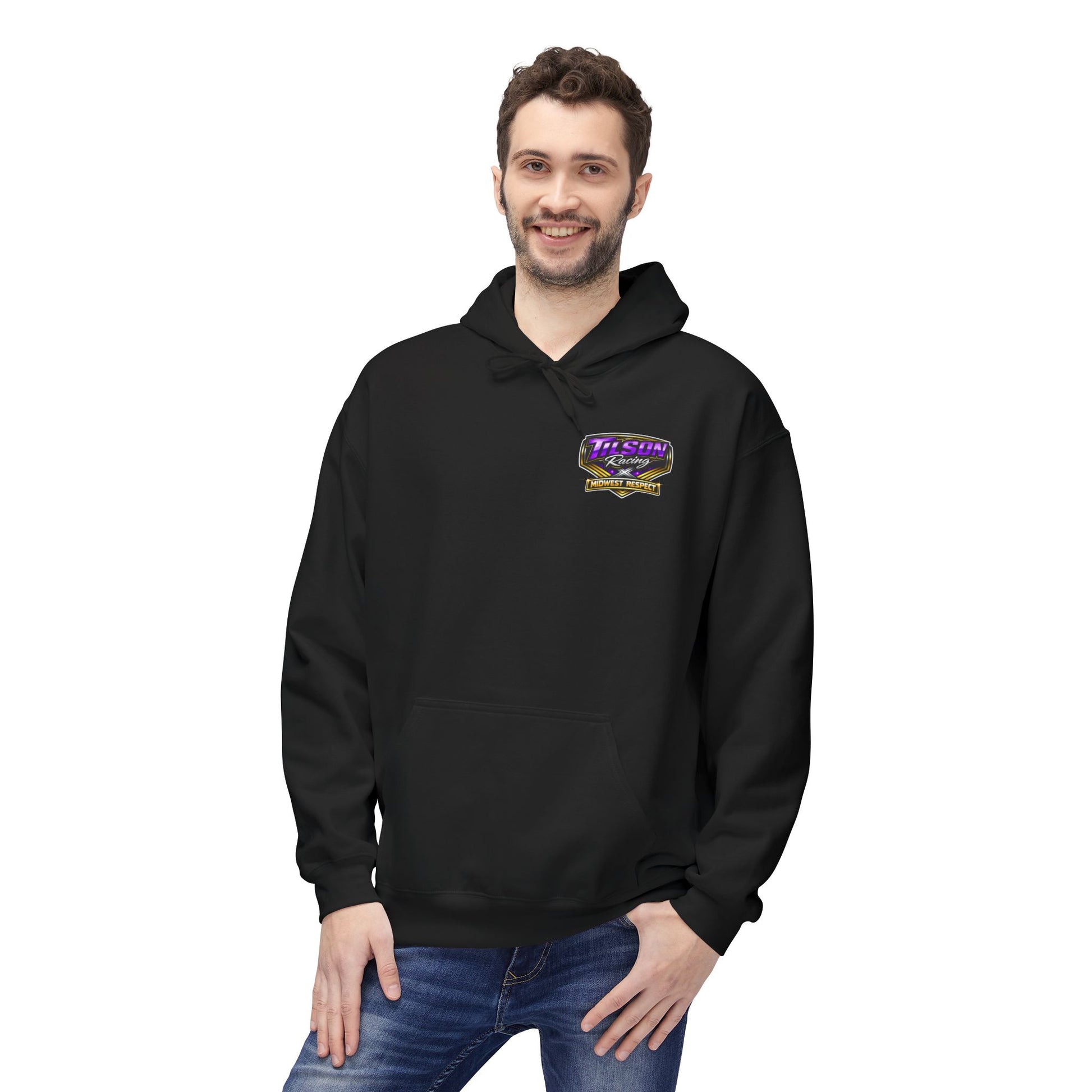 Man wearing a black hoodie with a logo on a white background
