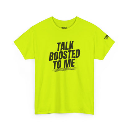 Neon green t-shirt with black text on a white background
