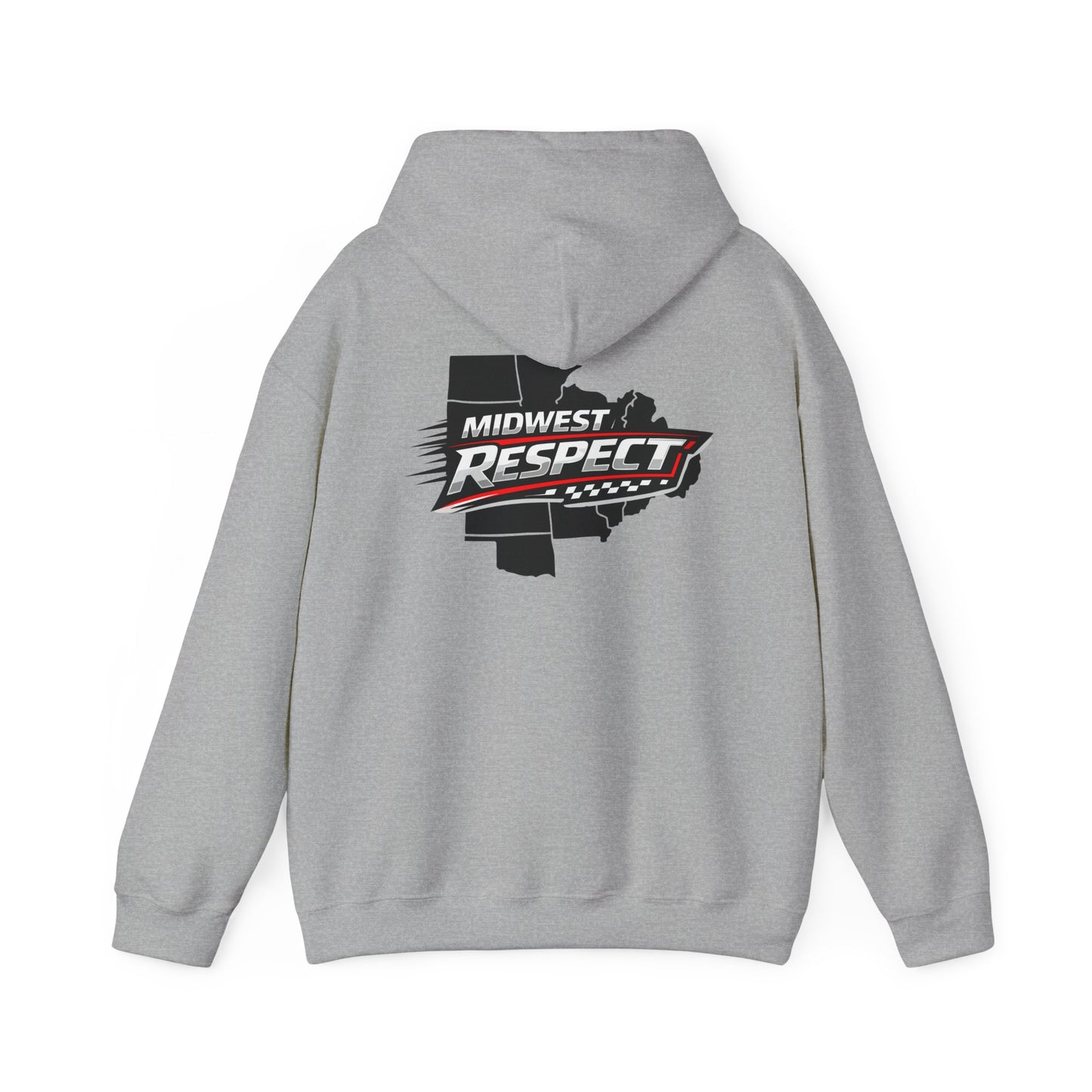 Gray hoodie with 'Midwest Respect' graphic on the back against a white background