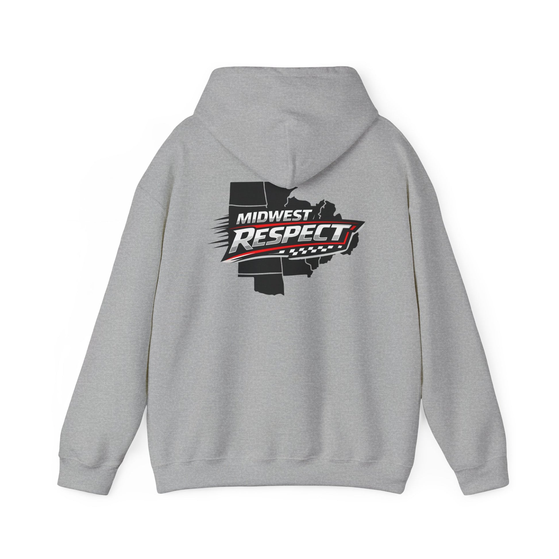 Gray hoodie with 'Midwest Respect' graphic on the back against a white background