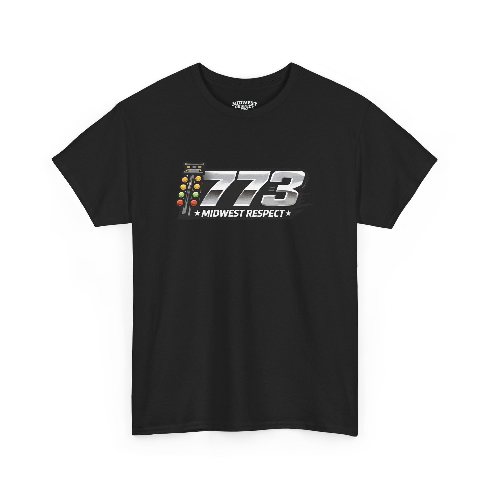 Black t-shirt with '773 Midwest Respect' graphic on a white background
