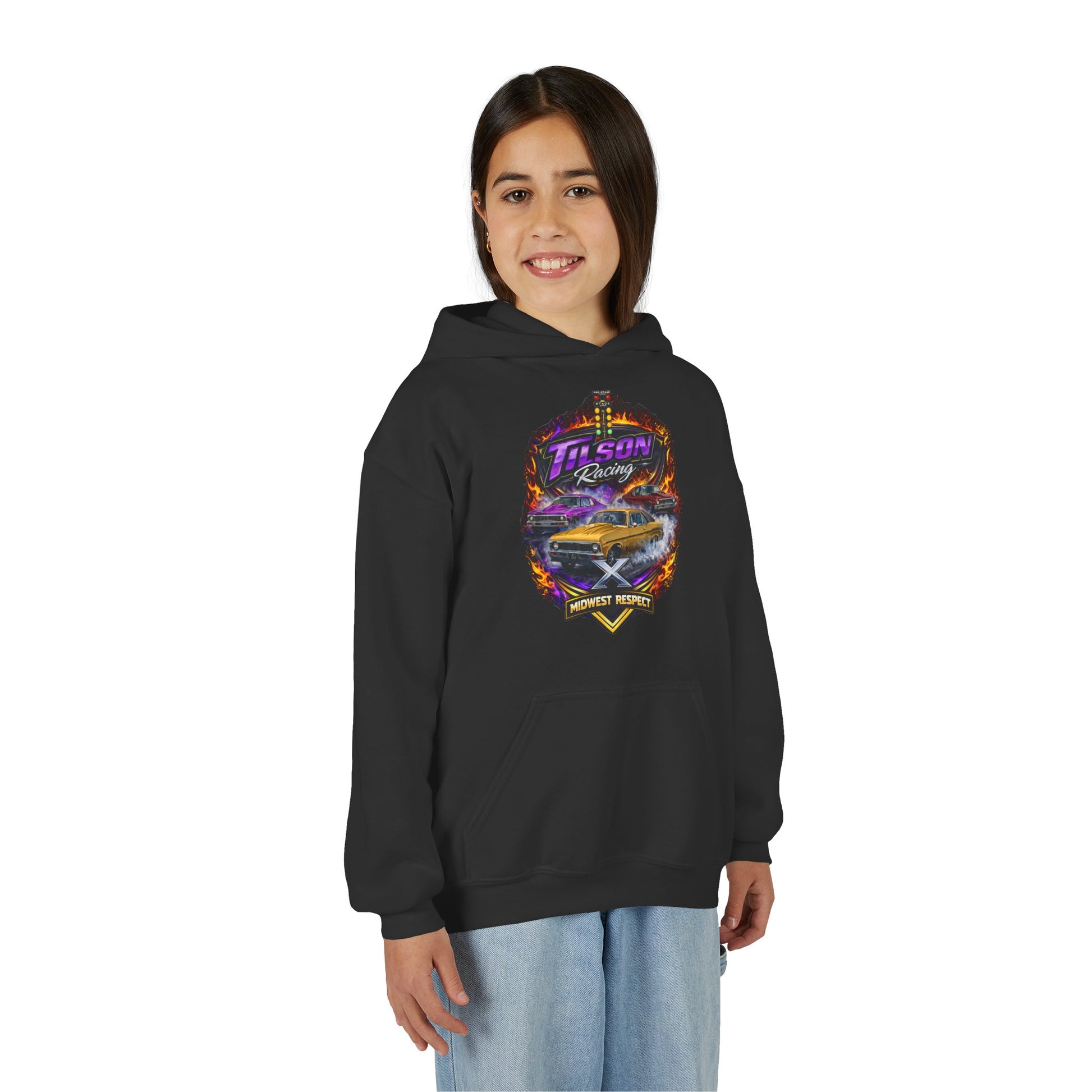 Person wearing a black hoodie with a colorful graphic design on a white background
