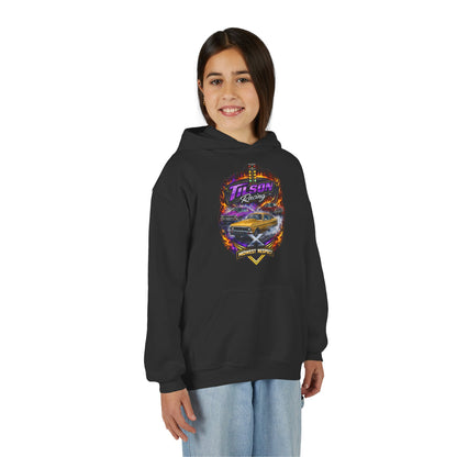 Person wearing a black hoodie with a colorful graphic design on a white background